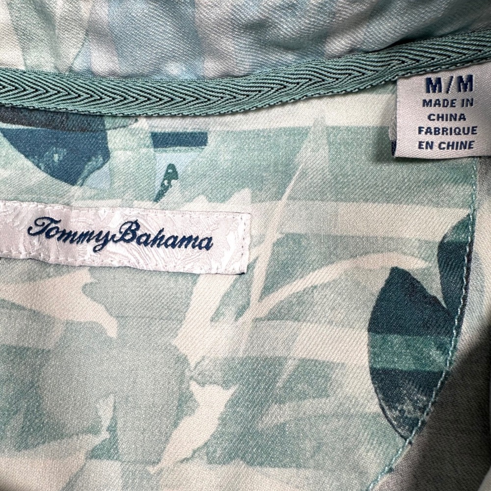 Tommy Bahama IslandZone Shirt Mens Medium Blue Green Tropical Silk Blend Coolmax - Picture 2 of 9